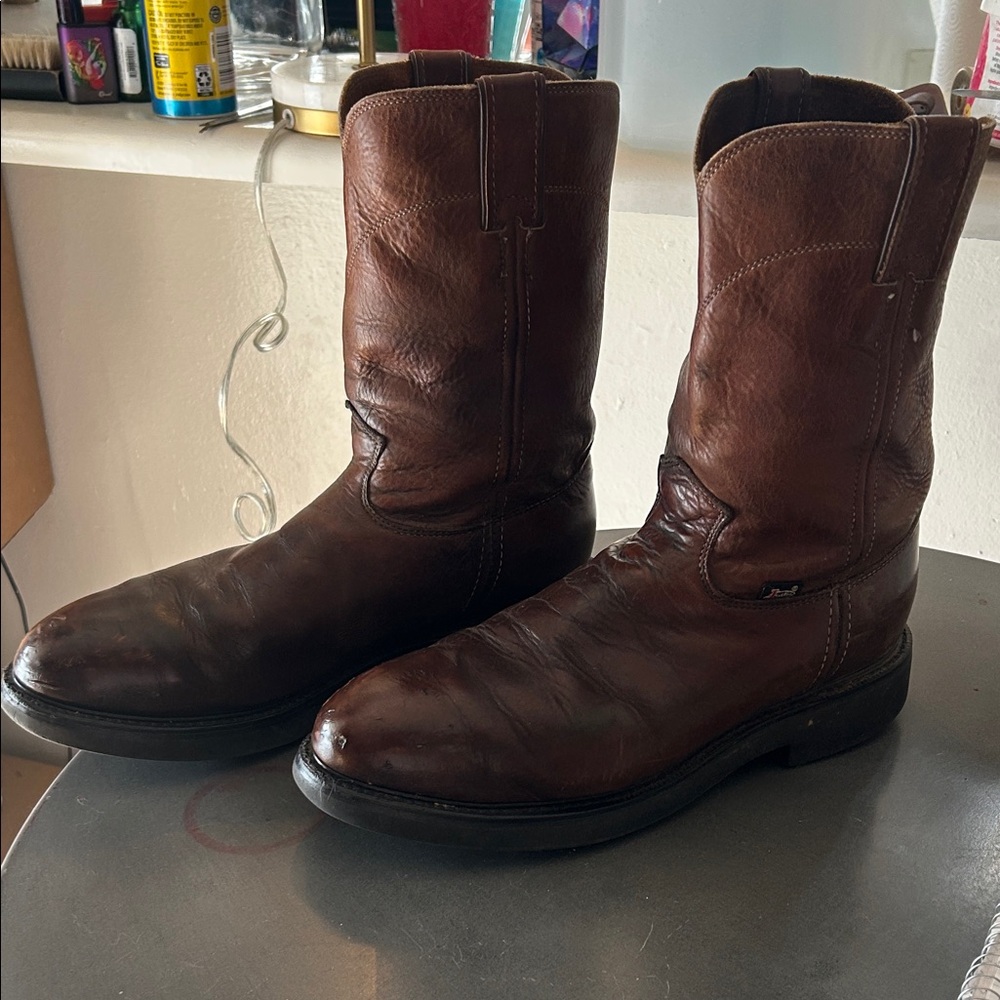Justin Boots Brown Leather Pull-On Western Work Boots